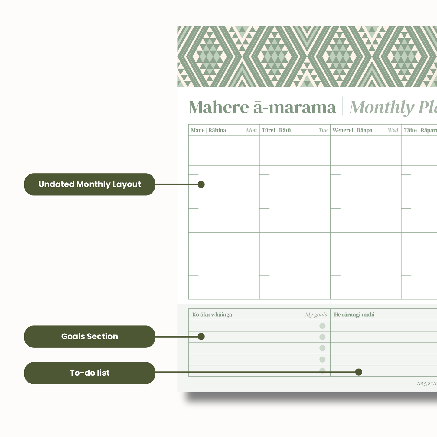 A3 Monthly Planner - (Undated) | Kākāriki