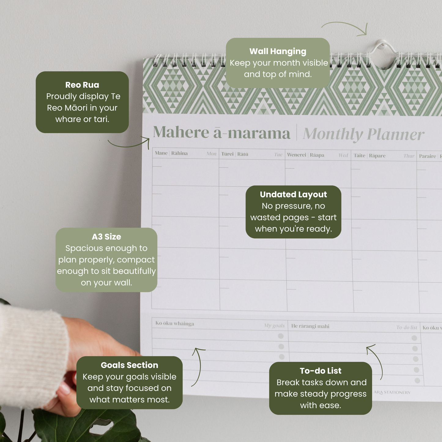 A3 Monthly Planner - (Undated) | Kākāriki
